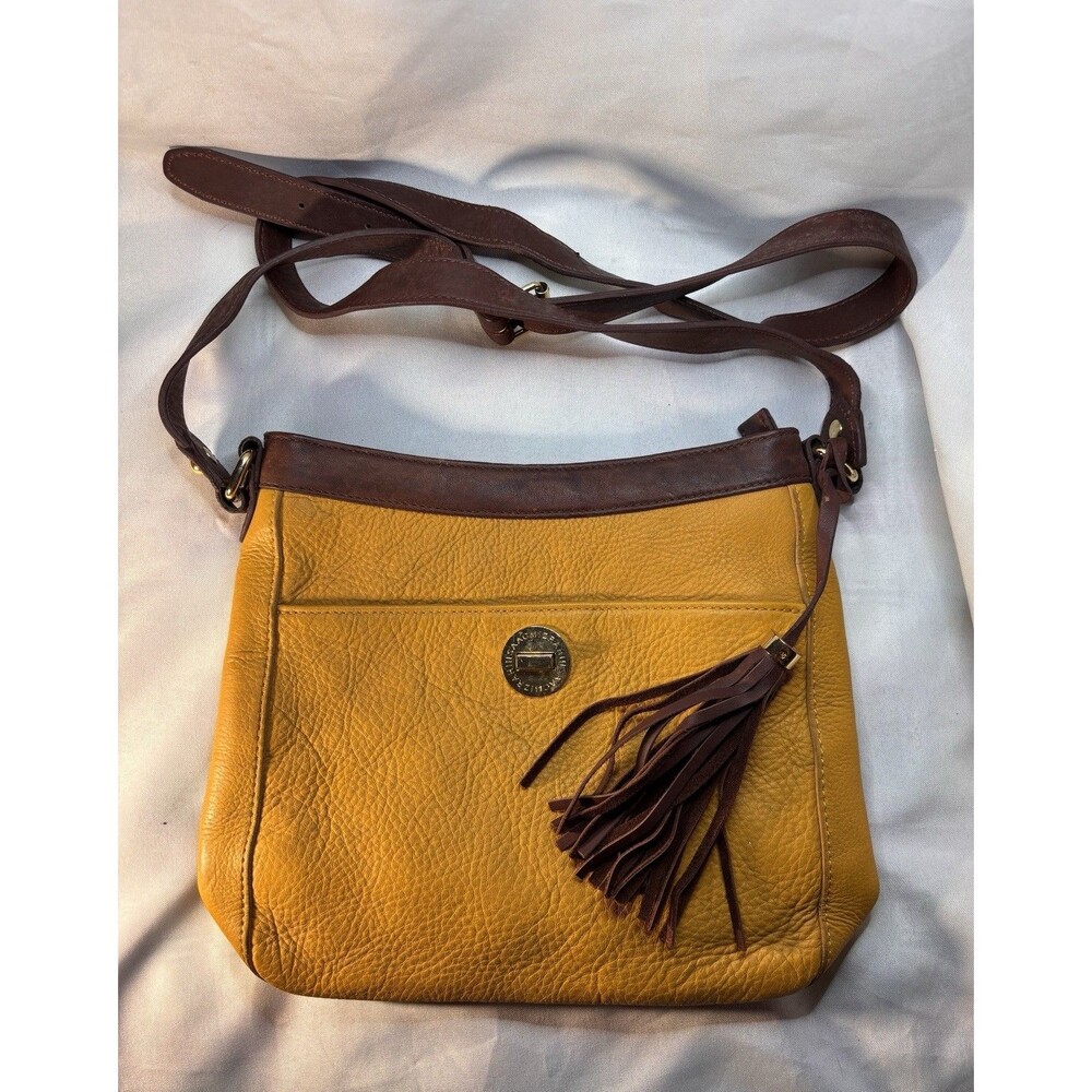 Isaac Mizrahi Yellow Gold Leather Crossbody Bag Brown Tassel Turnlock Handbag